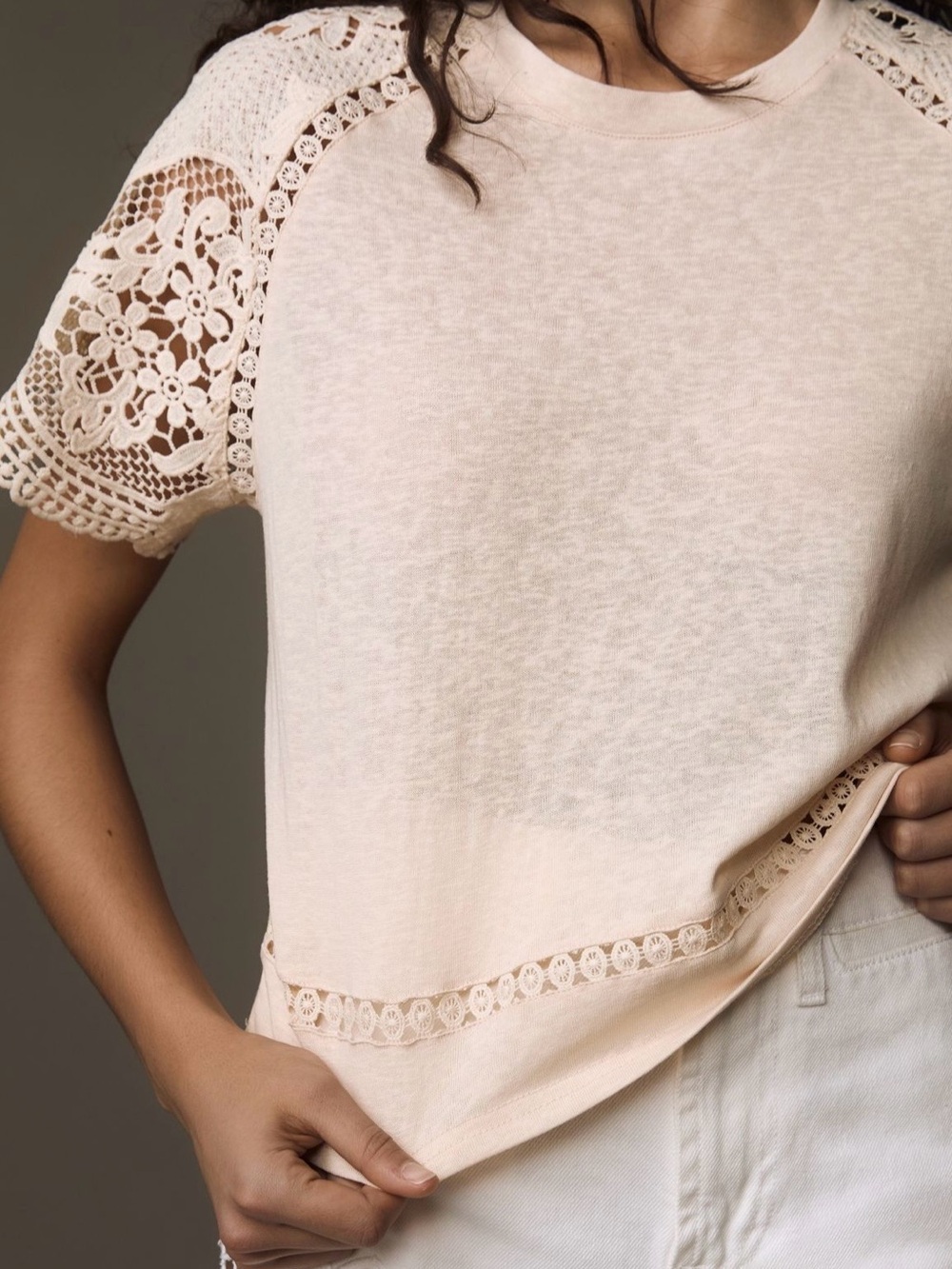 Anthropologie Crochet Lace Sleeve Sweater Tee - Cream